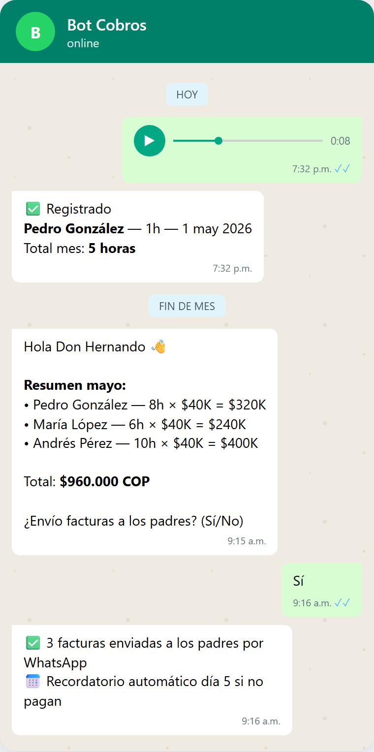 Conversación WhatsApp con el bot de cobro